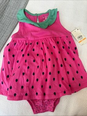 Pink Watermelon Print Baby Dress with Green Collar